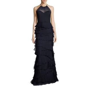 Badgley Mischka 100% Silk Navy Blue Tiered Skirt Formal Gown Size 6 Long